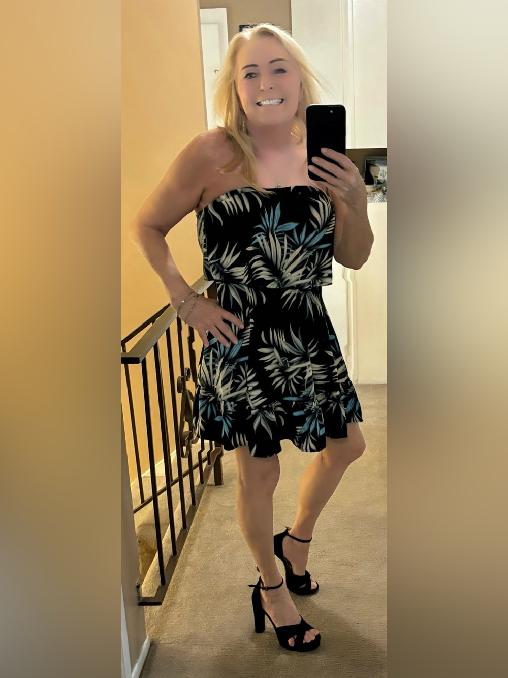 Strapless Black Tropical Print Mini Dress